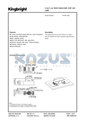 APJA2107SURC datasheet - 2.1x0.7 mm RIGHT ANGLE SMD CHIP LED LAMP