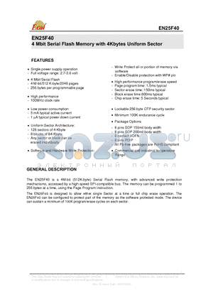 EN25F40 datasheet - 4 Mbit Serial Flash Memory with 4Kbytes Uniform Sector