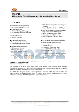 EN25F40-100HI datasheet - 4 Mbit Serial Flash Memory with 4Kbytes Uniform Sector