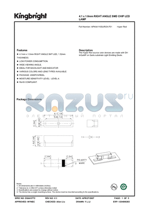 APKA4110SURCK-F01 datasheet - 4.1 x 1.0mm RIGHT ANGLE SMD CHIP LED LAMP