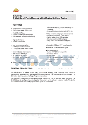 EN25F80-100VIP datasheet - 8 Mbit Serial Flash Memory with 4Kbytes Uniform Sector