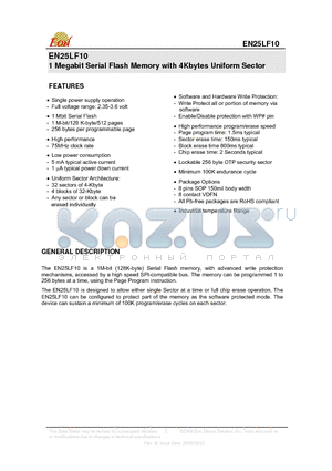 EN25LF10-75VI datasheet - 1 Megabit Serial Flash Memory with 4Kbytes Uniform Sector