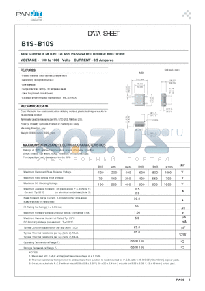 B10S datasheet - MINI SURFACE MOUNT GLASS PASSIVATED BRIDGE RECTIFIER(VOLTAGE - 100 to 1000 Volts CURRENT - 0.5 Amperes)
