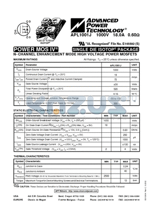 APL1001J datasheet - N-CHANNEL ENHANCEMENT MODE HIGH VOLTAGE POWER MOSFETS