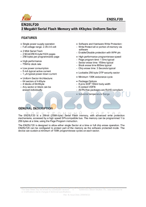 EN25LF20-75GI datasheet - 2 Megabit Serial Flash Memory with 4Kbytes Uniform Sector