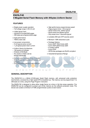 EN25LF40-75GI datasheet - 4 Megabit Serial Flash Memory with 4Kbytes Uniform Sector