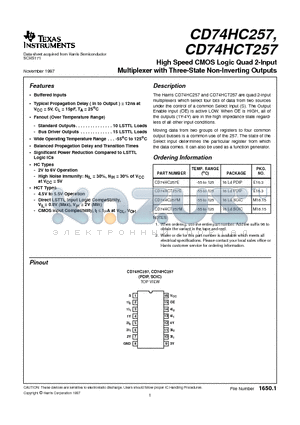 CD74HCT257E datasheet - High Speed CMOS Logic Quad 2-Input Multiplexer with Three-State Non-Inverting Outputs