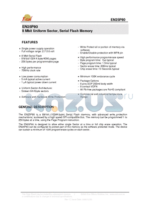 EN25P80-75VC datasheet - 8 Mbit Uniform Sector, Serial Flash Memory