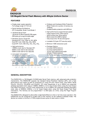 EN25Q128-104FAP datasheet - 128 Megabit Serial Flash Memory with 4Kbyte Uniform Sector