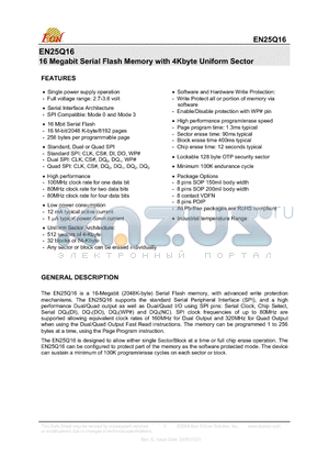 EN25Q16-100QI datasheet - 16 Megabit Serial Flash Memory with 4Kbyte Uniform Sector