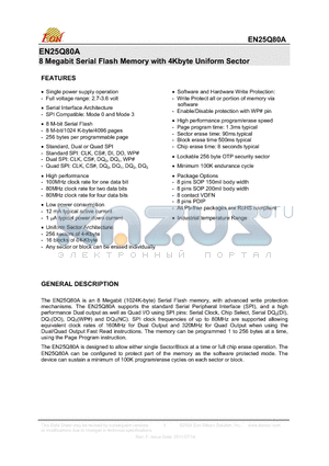 EN25Q80A datasheet - 8 Megabit Serial Flash Memory with 4Kbyte Uniform Sector