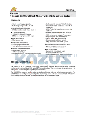 EN25S10 datasheet - 1 Megabit 1.8V Serial Flash Memory with 4Kbyte Uniform Sector