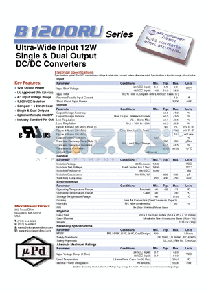 B1201RU datasheet - Ultra-Wide Input 12W Single & Dual Output DC/DC Converters