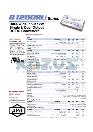 B1200RU datasheet - Ultra-Wide Input 12W Single & Dual Output DC/DC Con verters