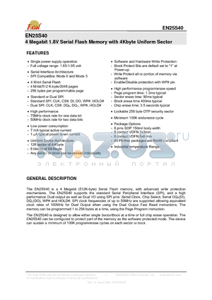 EN25S40-75WI datasheet - 4 Megabit 1.8V Serial Flash Memory with 4Kbyte Uniform Sector