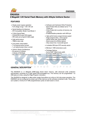 EN25S20-75XIP datasheet - 2 Megabit 1.8V Serial Flash Memory with 4Kbyte Uniform Sector