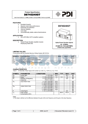 D8740240GT datasheet - GaAs Power Doubler, 40 - 870MHz, 24.0dB min. Gain @ 870MHz, 375mA max. @ 24VDC