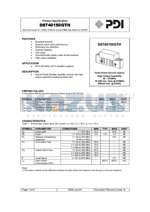 D8740150GTH datasheet - GaAs Power Doubler, 40 - 870MHz, 15.5dB min. Gain @ 870MHz, High, 440mA max. @ 24VDC