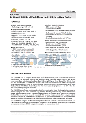 EN25S64 datasheet - 64 Megabit 1.8V Serial Flash Memory with 4Kbyte Uniform Sector