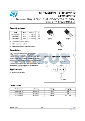B120NF10 datasheet - N-channel 100V - 0.009OHM - 110A - TO-247 - TO-220 - D2PAK STripFET2 Power MOSFET