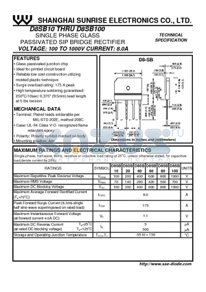 D8SB20 datasheet - SINGLE PHASE GLASS PASSIVATED SIP BRIDGE RECTIFIER