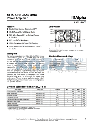 AA022P1-00 datasheet - 18-23 GHz GaAs MMIC Power Amplifier