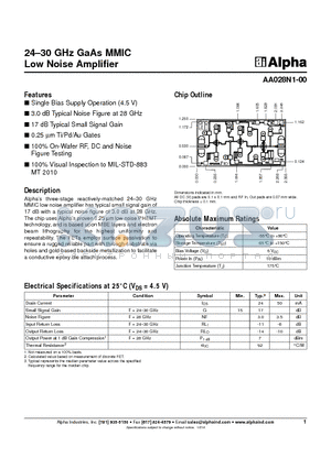 AA028N1-00 datasheet - 24-30 GHz GaAs MMIC Low Noise Amplifier
