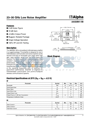 AA028N1-99 datasheet - 23-30 GHz Low Noise Amplifier