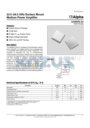 AA026P2-A4 datasheet - 23.5-26.5 GHz Surface Mount Medium Power Amplifier