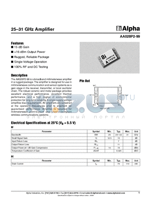 AA028P2-99 datasheet - 25-31 GHz Amplifier