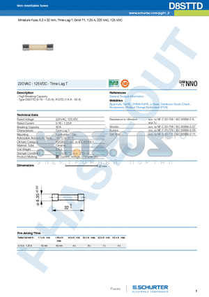 D8STTD datasheet - Miniature Fuse, 6.3 x 32 mm, Time-Lag T, GAM T1, 1.25 A, 220 VAC, 125 VDC