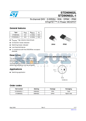 D90N02L datasheet - N-channel 24V - 0.0052ohm - 60A - DPAK - IPAK STripFET TM III Power MOSFET