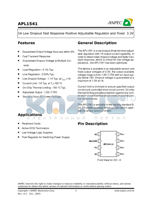 APL1541-33KC-TU datasheet - 1A Low Dropout Fast Response Positive Adjustable Regulator and Fixed 3.3V