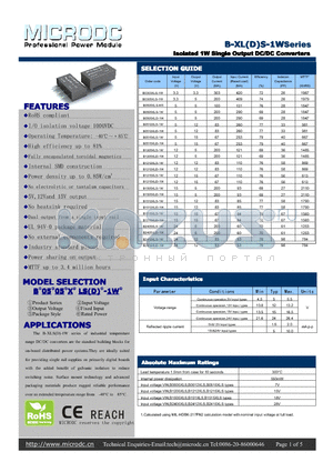 B1212XLS-1W datasheet - Isolated 1W Single Output DC/DC Converters