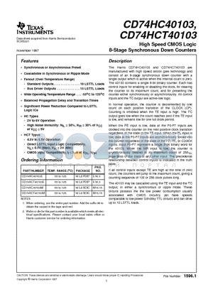 CD74HCT40103E datasheet - High Speed CMOS Logic 8-Stage Synchronous Down Counters