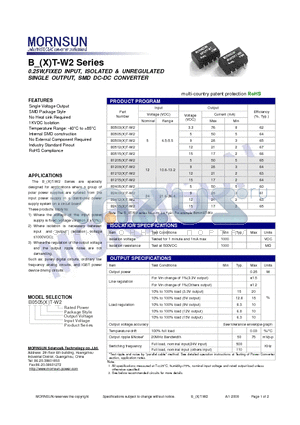 B1215XT-W2 datasheet - SINGLE OUTPUT, SMD DC-DC CONVERTER