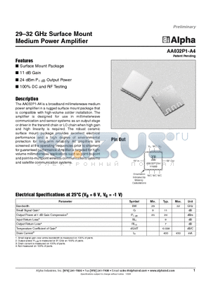 AA032P1-A4 datasheet - 29-32 GHz Surface Mount Medium Power Amplifier