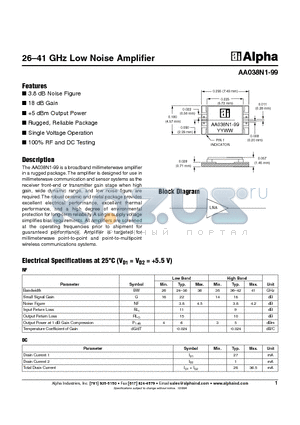 AA038N1-99 datasheet - 26-41 GHz Low Noise Amplifier