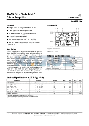 AA038P1-00 datasheet - 36-39 GHz GaAs MMIC Driver Amplifier