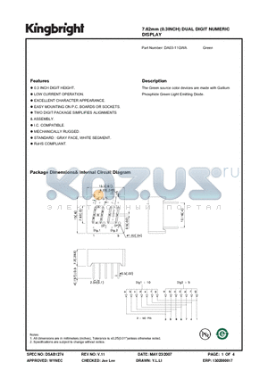 DA03-11GWA datasheet - 7.62mm (0.3INCH) DUAL DIGIT NUMERIC DISPLAY