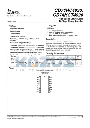 CD74HCT4020 datasheet - High Speed CMOS Logic 14-Stage Binary Counter