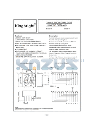 DA03-11SRWA datasheet - 7mm (0.3INCH) DUAL DIGIT NUMERIC DISPLAYS