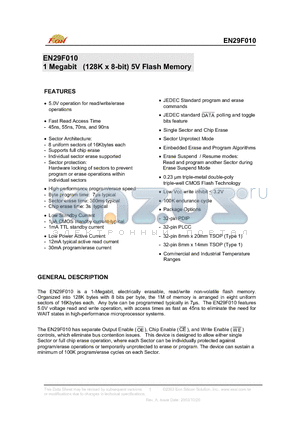 EN29F010-70SCP datasheet - 1 Megabit (128K x 8-bit) 5V Flash Memory