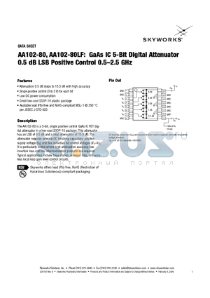 AA102-80 datasheet - GaAs IC 5-Bit Digital Attenuator 0.5 dB LSB Positive Control 0.5-2.5 GHz