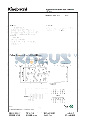 DA08-11GWA datasheet - 20.3mm (0.8INCH) DUAL DIGIT NUMERIC DISPLAY