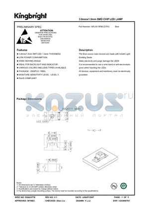 APL3015PBC-Z-F01 datasheet - 3.0mmx1.5mm SMD CHIP LED LAMP