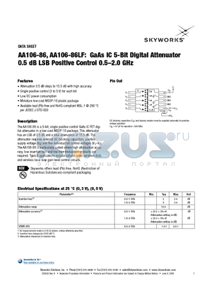 AA106-86 datasheet - GaAs IC 5-Bit Digital Attenuator 0.5 dB LSB Positive Control 0.5-2.0 GHz