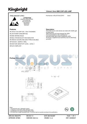 APL3015VGC/Z-F01 datasheet - 3.0mmx1.5mm SMD CHIP LED LAMP