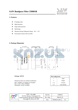 230001B datasheet - SAW Bandpass Filter