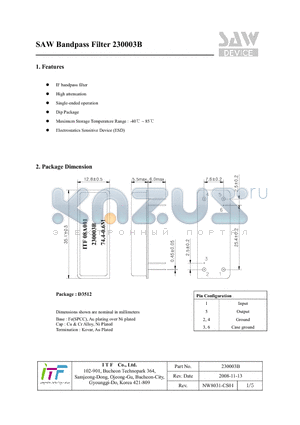 230003B datasheet - SAW Bandpass Filter